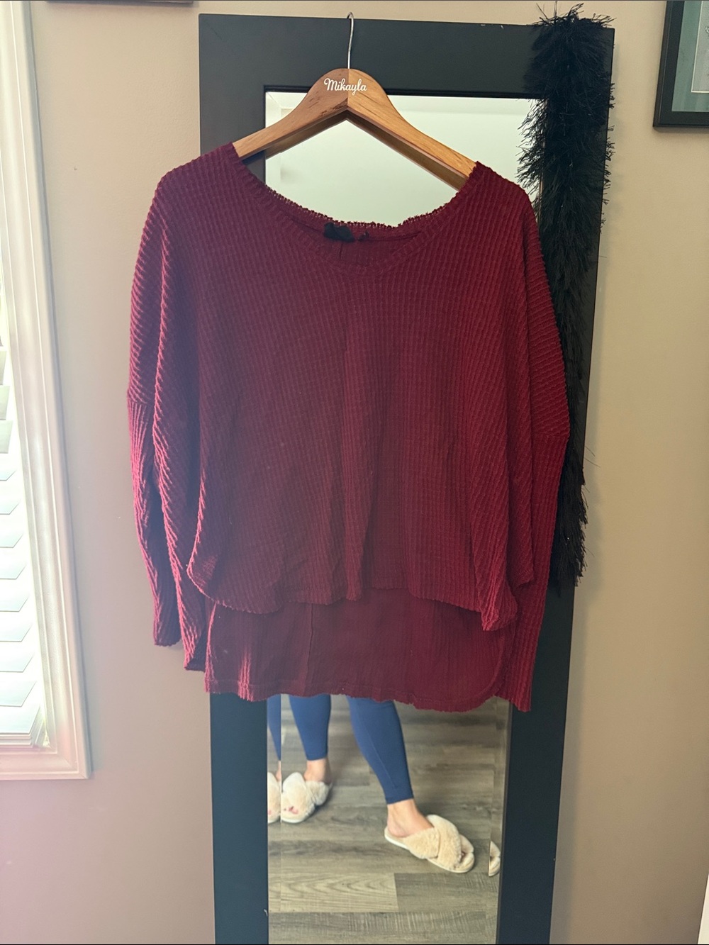 Urban Outfitters Burgundy Waffle-Knit Drop Shoulder Top